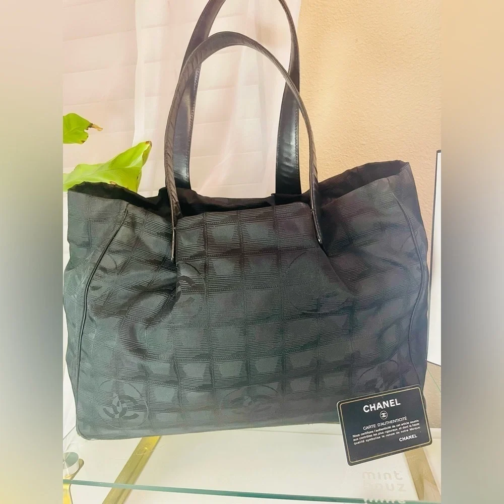 CHANEL Travel Line Tote MM Tote Bag Black Nylon JacquardLeather Women